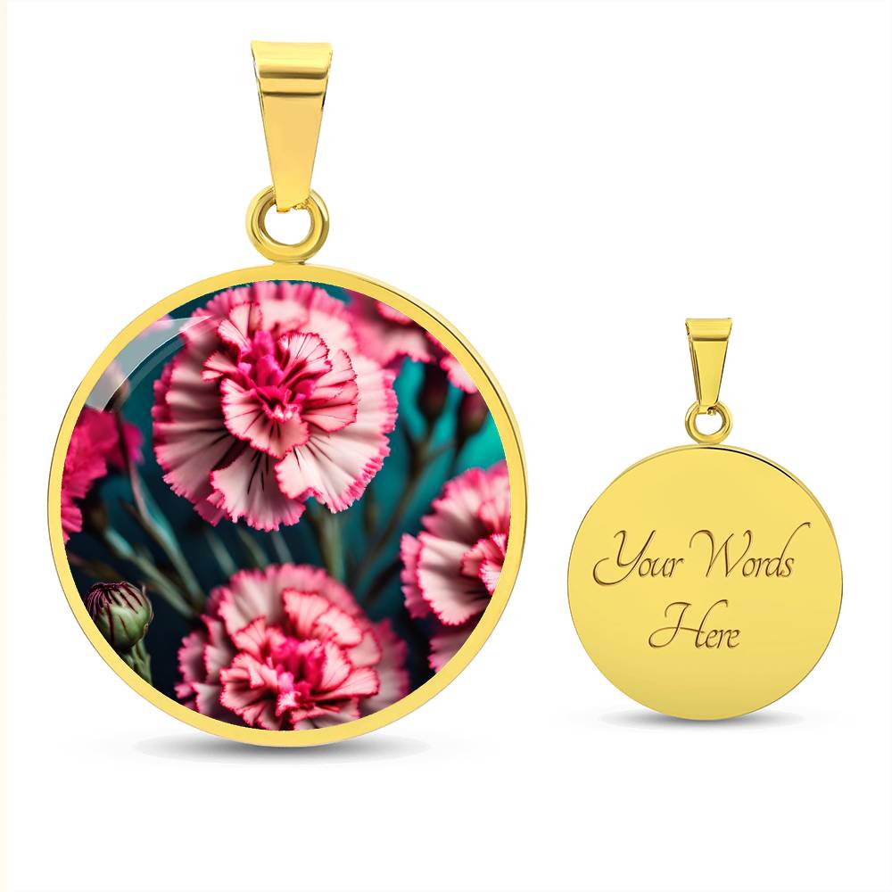 Birthflower Carnation Necklace, January Birth Flower Necklace, Flower Design Circle Pendant Mothers Day Necklace & Valentines Gifts For Her