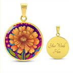 October Birth Flower Marigold Trippy 70s 80s Art Pendant Necklace, Boho hippie Retro Floral Jewelry Marigold Groovy Vintage Art Gift For Her