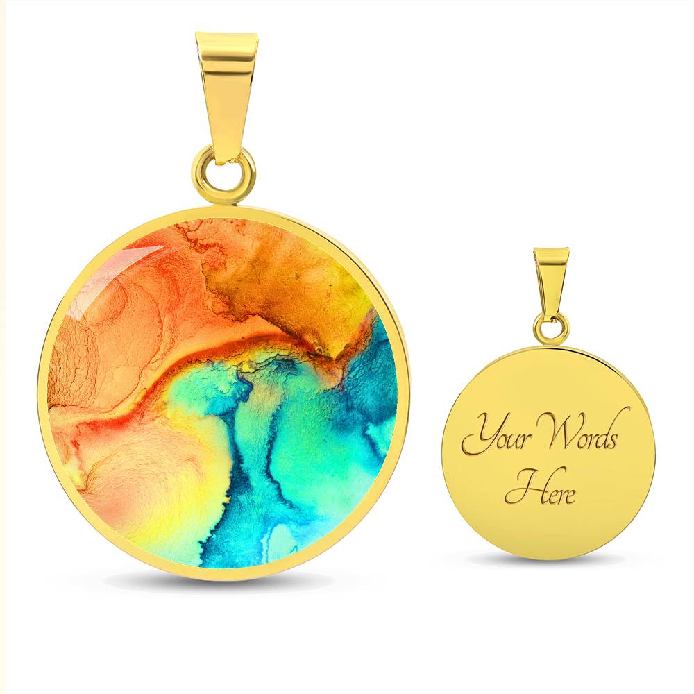 Abstract Alcohol Ink Pendant Necklace Modern Fluid Art Marble Texture Acrylic Paints Orange Turquoise Yellow Trendy Contemporary Art Design