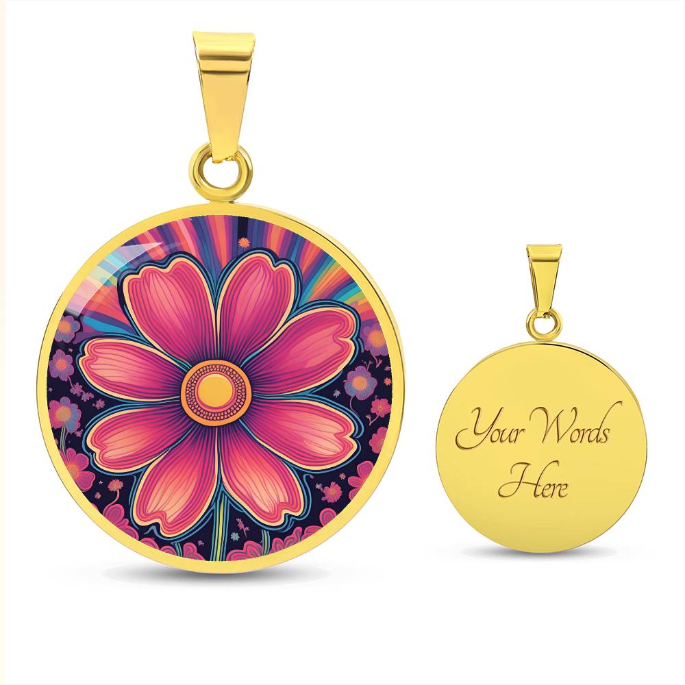 October Birth Flower Cosmos Psychedelic Art Pendant Necklace, Boho hippie Retro Floral Jewelry, Groovy Vintage Art Gift for Her