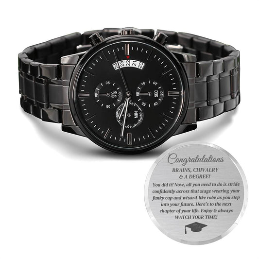 Graduation Men's Watch congratulations degree gift idea grad hat and robe congratulatory university college milestone celebration