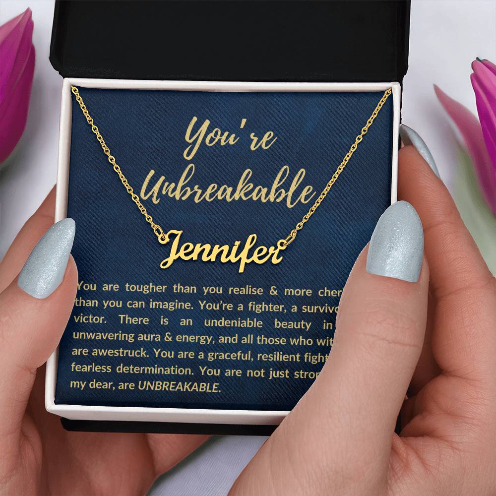 Personalized Custom Name Pendant Necklace, Motivational Inspirational Jewelry Gift, You're Unbreakable Strength and Resilience Gifts for Her