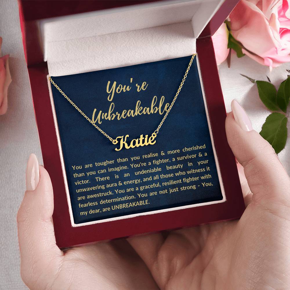 Personalized Custom Name Pendant Necklace, Motivational Inspirational Jewelry Gift, You're Unbreakable Strength and Resilience Gifts for Her