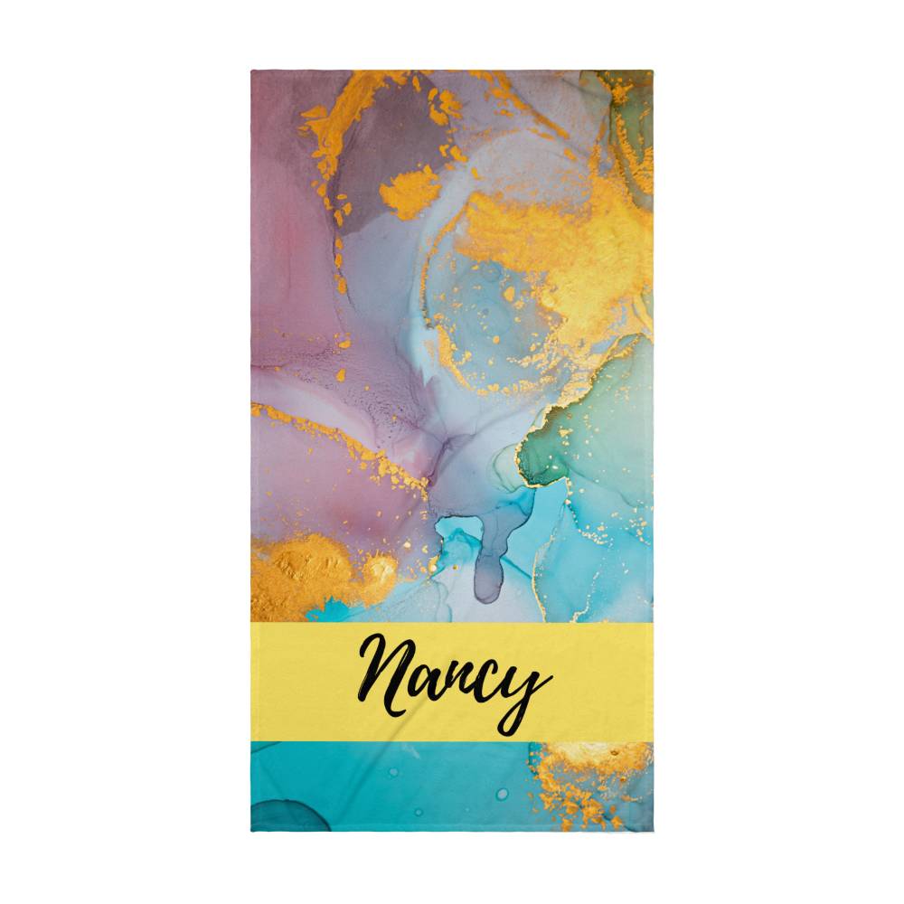 Personalised Name Abstract Alcohol Ink Beach Towel Modern Fluid Art Marble Texture Acrylic Purple Blue Gold Trendy Contemporary Art Design