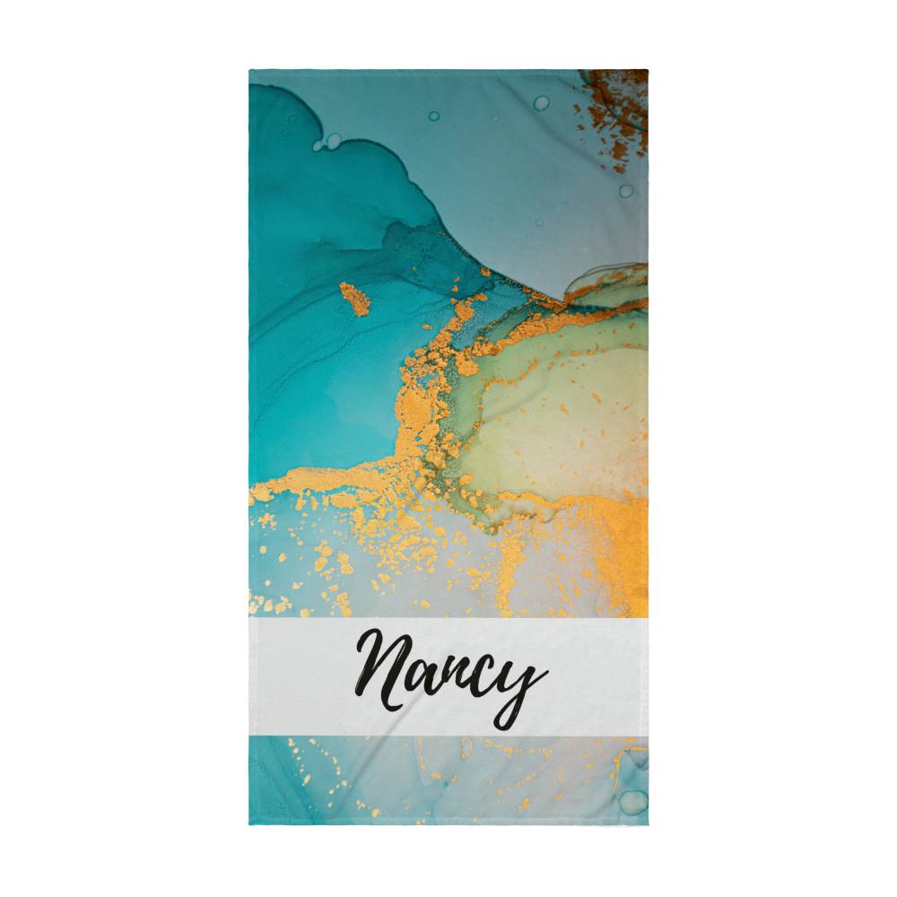 Personalised Name Abstract Alcohol Ink Beach Towel Modern Fluid Art Marble Texture Acrylic Green Shades Gold Trendy Contemporary Art Design