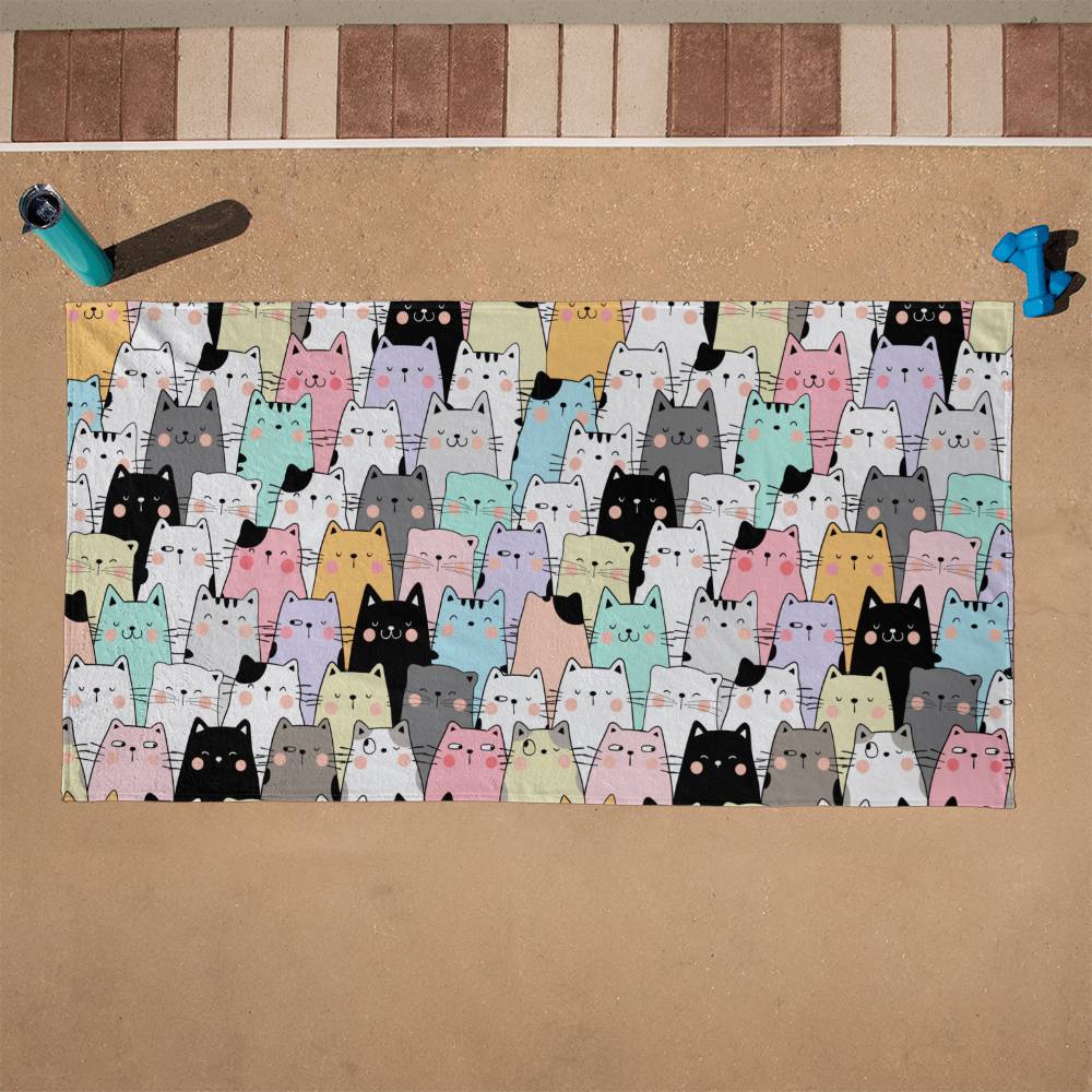Kawaii Kitty Beach Towel, Cute Cat Kitten Kitty Print, Coquette Aesthetic, KPop, KDrama, Feline Cat Doodle Art Illustration Meow Beach Towel