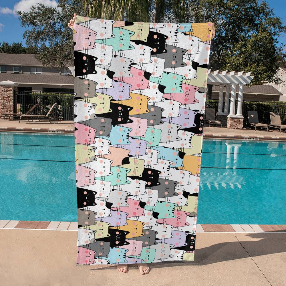 Kawaii Kitty Beach Towel, Cute Cat Kitten Kitty Print, Coquette Aesthetic, KPop, KDrama, Feline Cat Doodle Art Illustration Meow Beach Towel