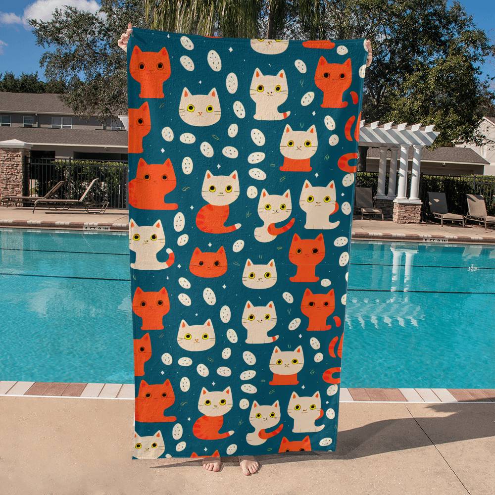 Kawaii Kitty Beach Towel, Cute Cat Kitten Kitty Print, Coquette Aesthetic, KPop, KDrama, Feline Cat Doodle Art Illustration Meow Beach Towel