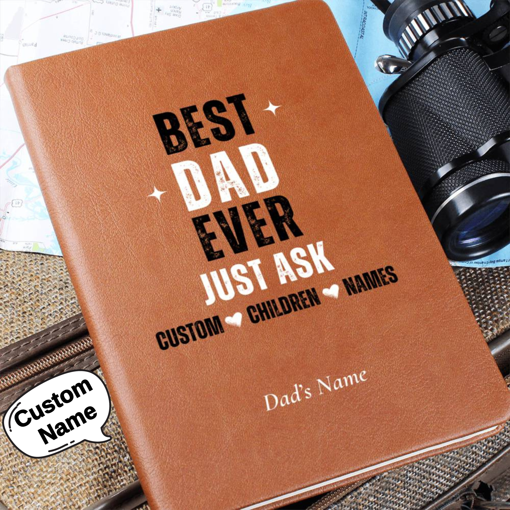 Personalized Best Dad Ever Just Ask Journal with Custom & Dad Children Names, Father's Day Gift for Him,  Fathers Day Gifts Leather Notebook